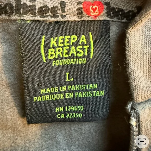 Keep a Breast Foundation I Love Boobies Gray Zip-Up Hoodie Size L Cozy - Picture 3 of 14